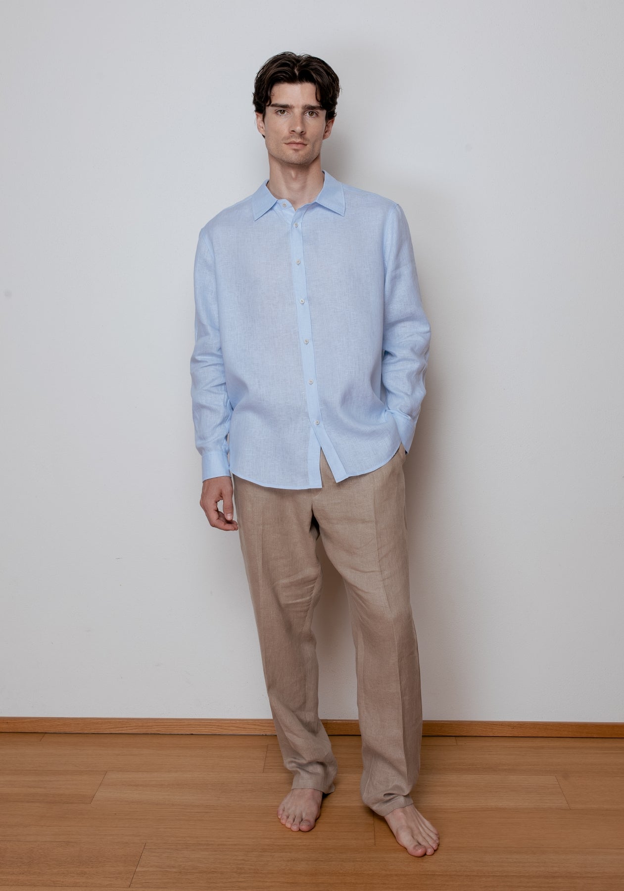 Pánska ľanová košeľa s golierom - Light blue