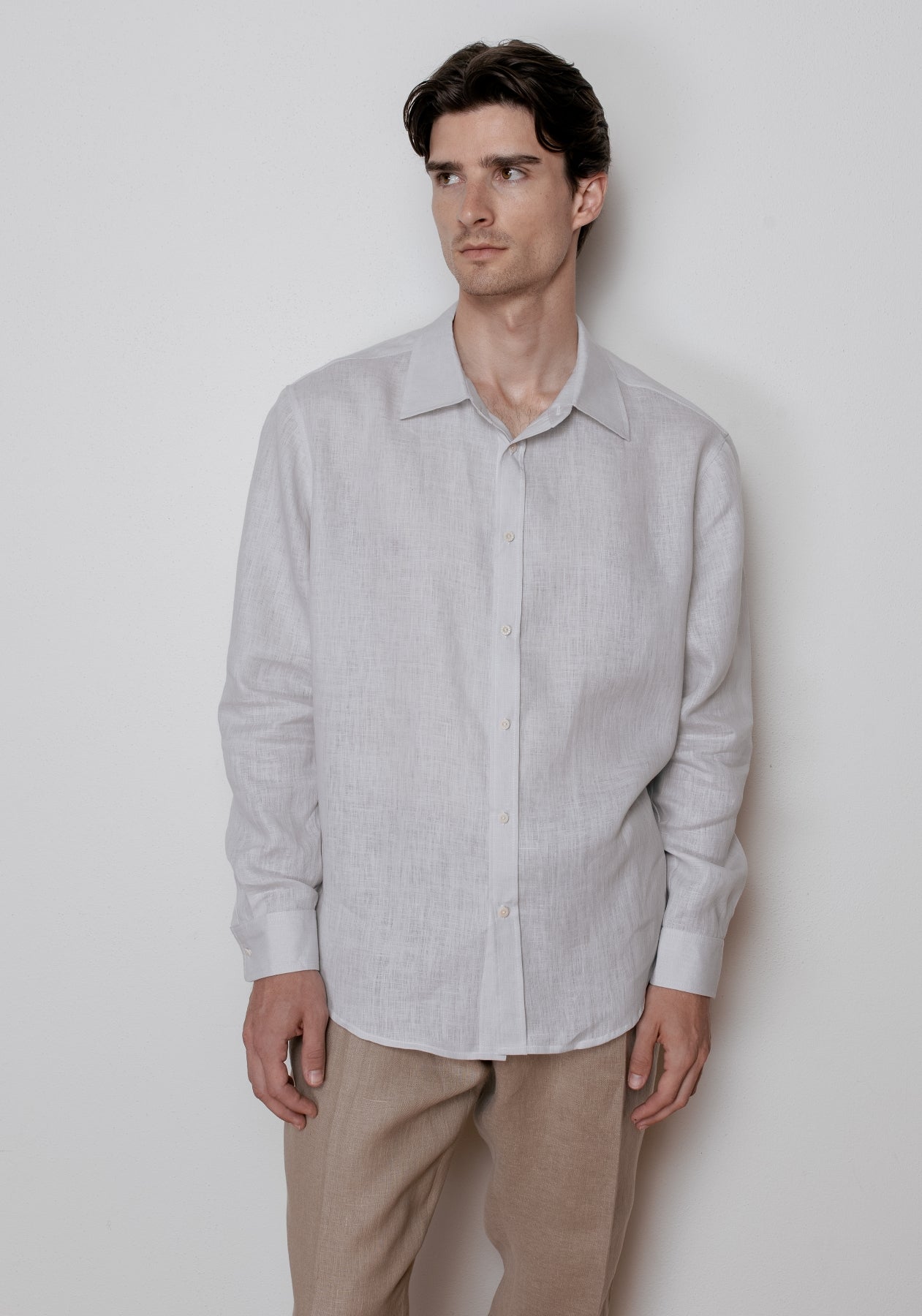 Koszula lniana męska z kołnierzykiem - Pearl gray