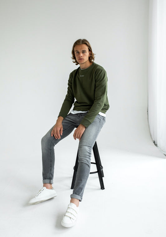 Men Sweatshirt organic cotton Moss green brushed - khaki regular