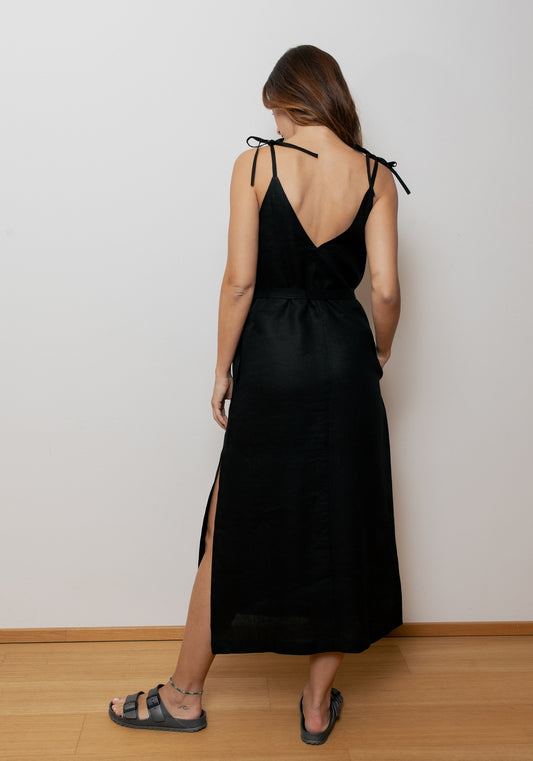 Women's linen long dress loose fit Black - with belt