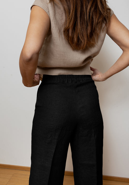Women's wide-leg linen trousers - Black