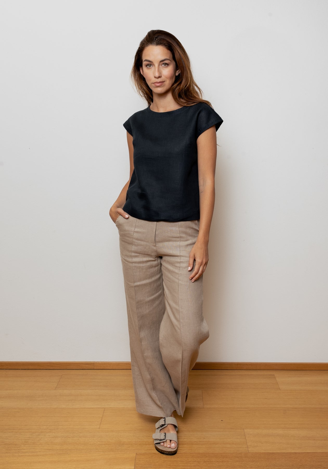 Dámske ľanové tričko regular - Deep blue