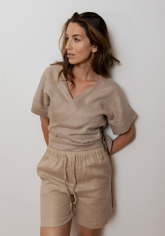 Women's linen wrap top regular - Beige Natural