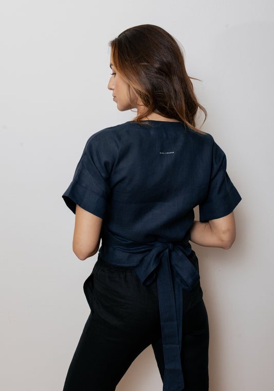 Women's linen wrap top regular - Deep blue