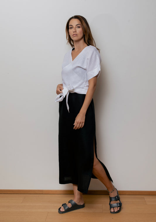Women's linen wrap top regular - White