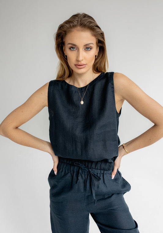 Women's linen crop top Deep blue