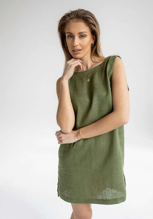 Women linen dress short regular fit Moss green