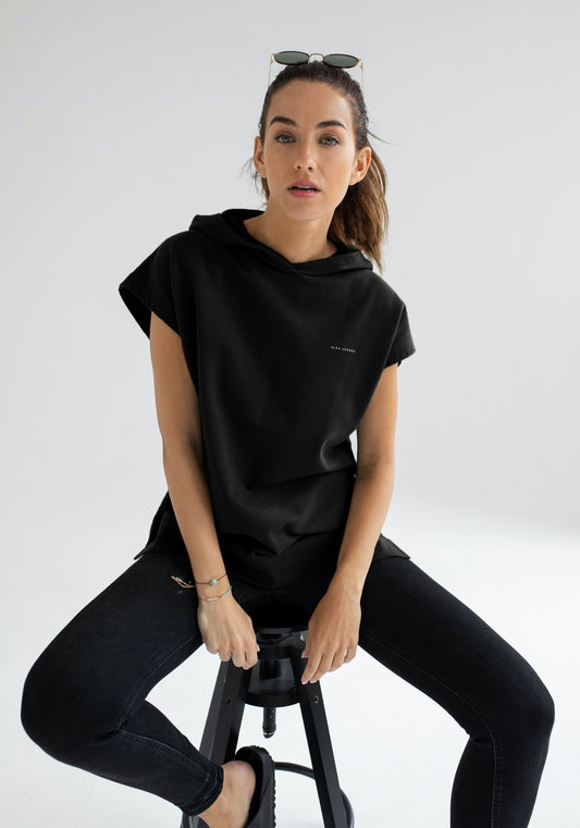 Women Sleeveless sweatshirt / vest organic cotton Black brushed - Oversized