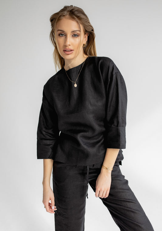 Women's linen top open back Black