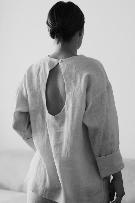 Outfit by Maria Hason | All Linen Pearl Gray Pants & Open back top