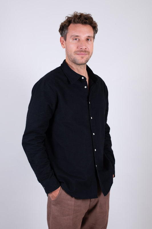 Men's flannel shirt with collar - Black