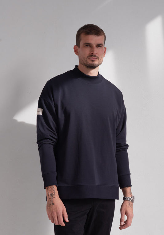 Men Sweatshirt High neck organic cotton Deep blue - Loose fit