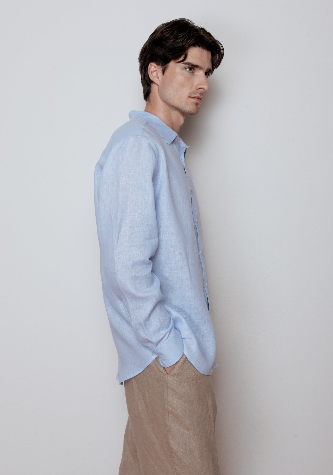 Koszula lniana męska z kołnierzykiem - Light blue