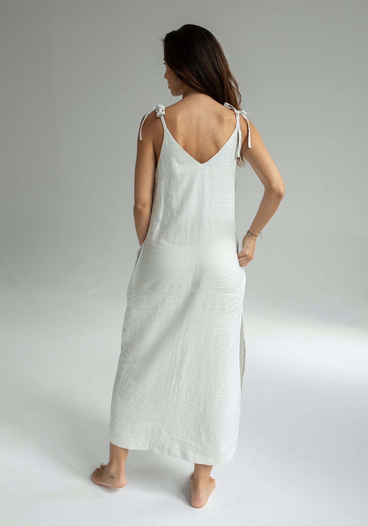 Women linen dress long loose fit Pearl gray