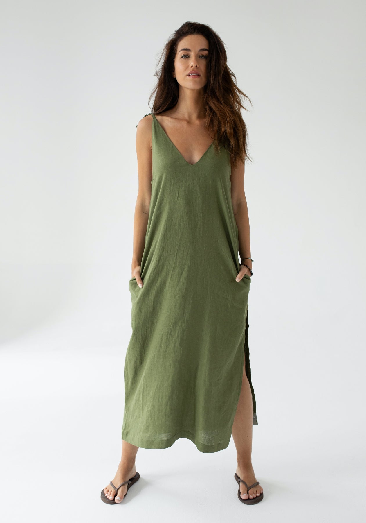 Women linen dress long loose fit Moss green ELKA LOUNGE