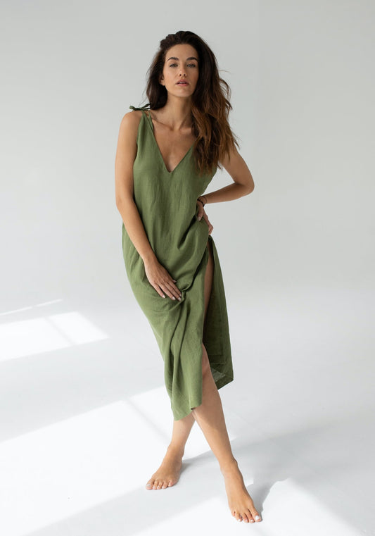Women linen dress long loose fit Moss green