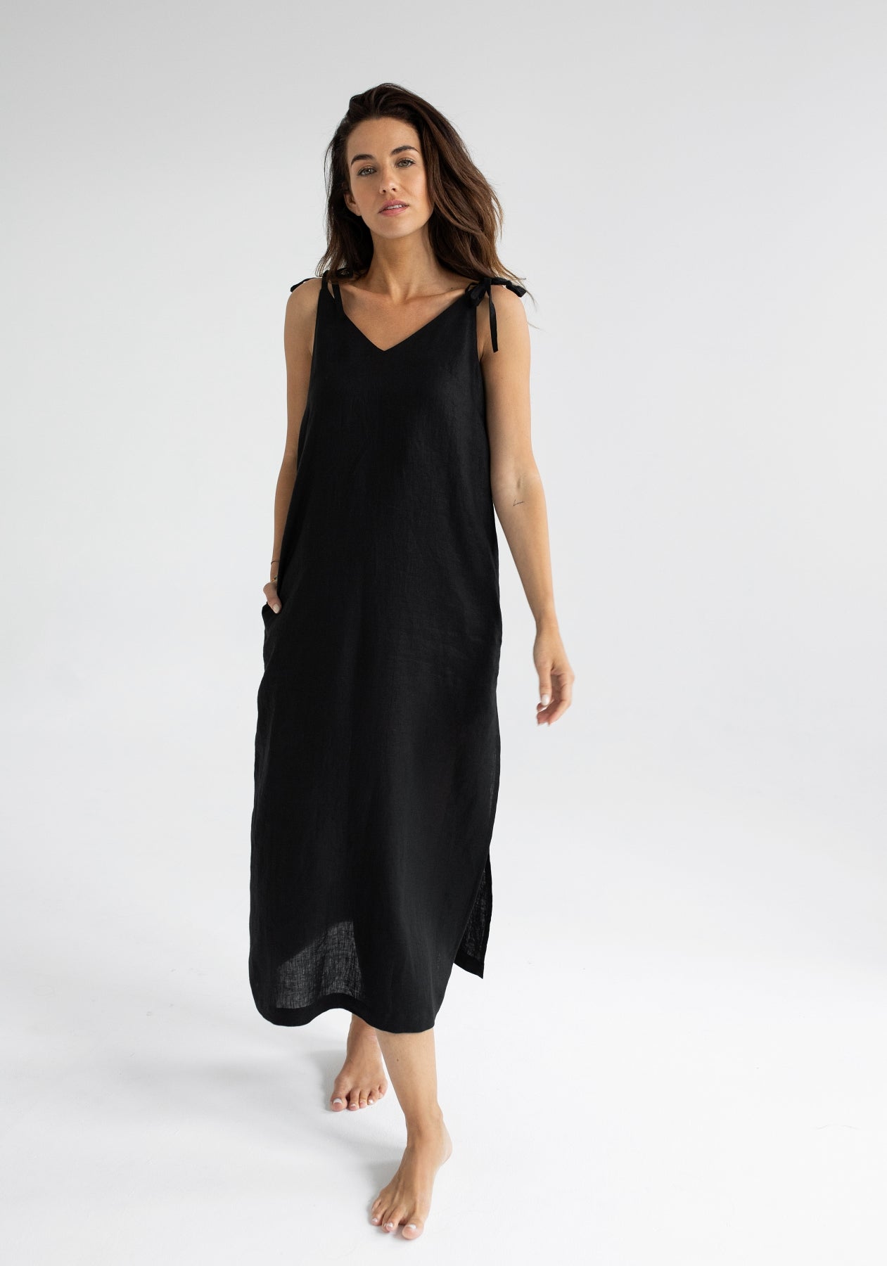 Women linen dress long loose fit Black