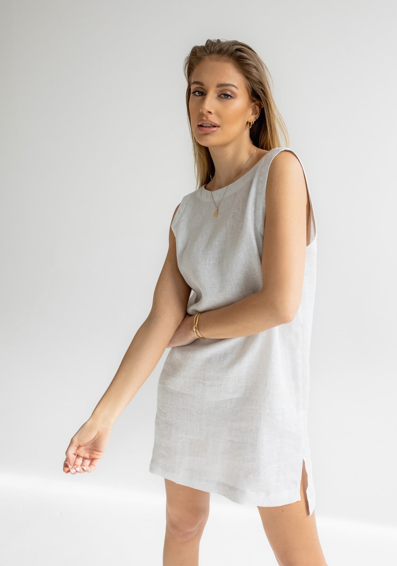 Women linen dress short regular fit Pearl gray