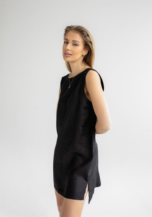Women linen dress short regular fit Black