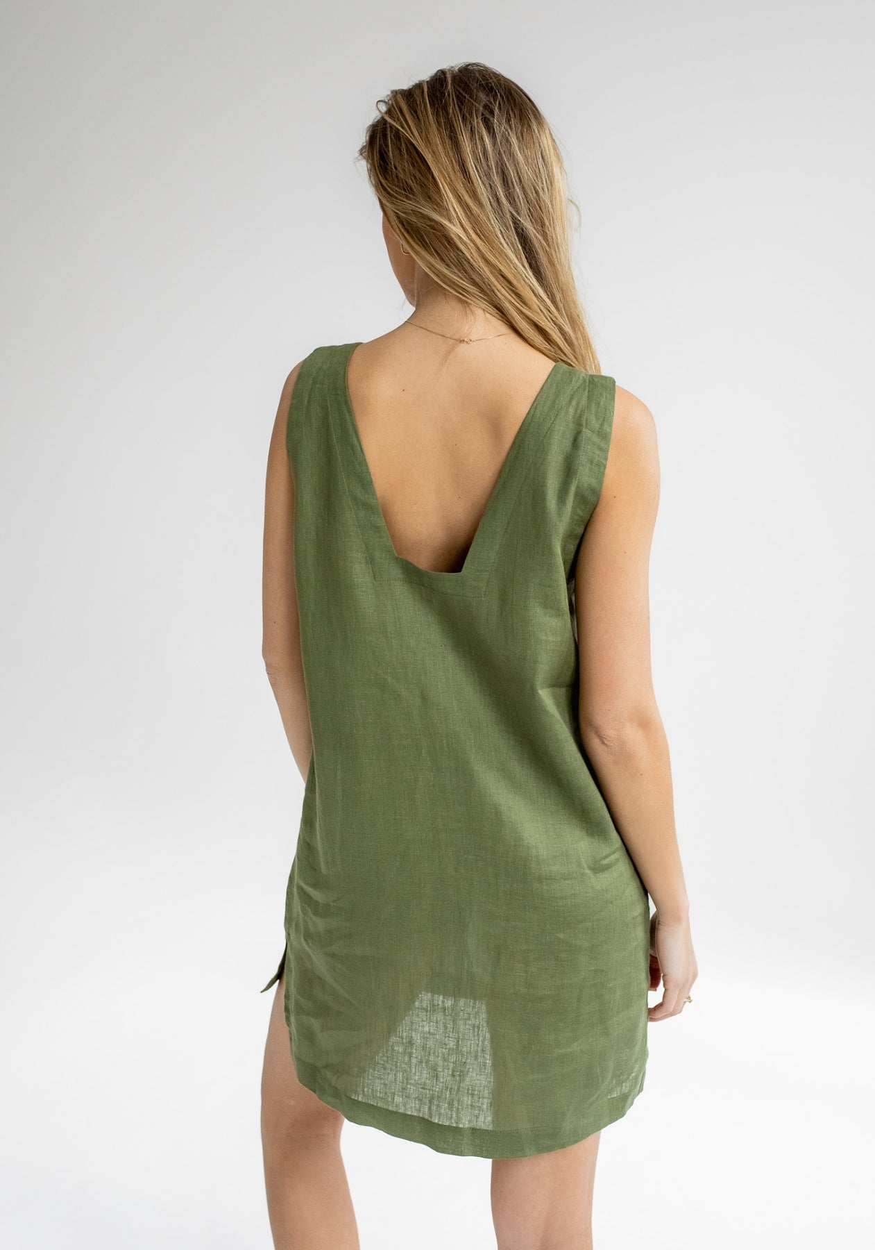 Women linen dress short regular fit Moss green