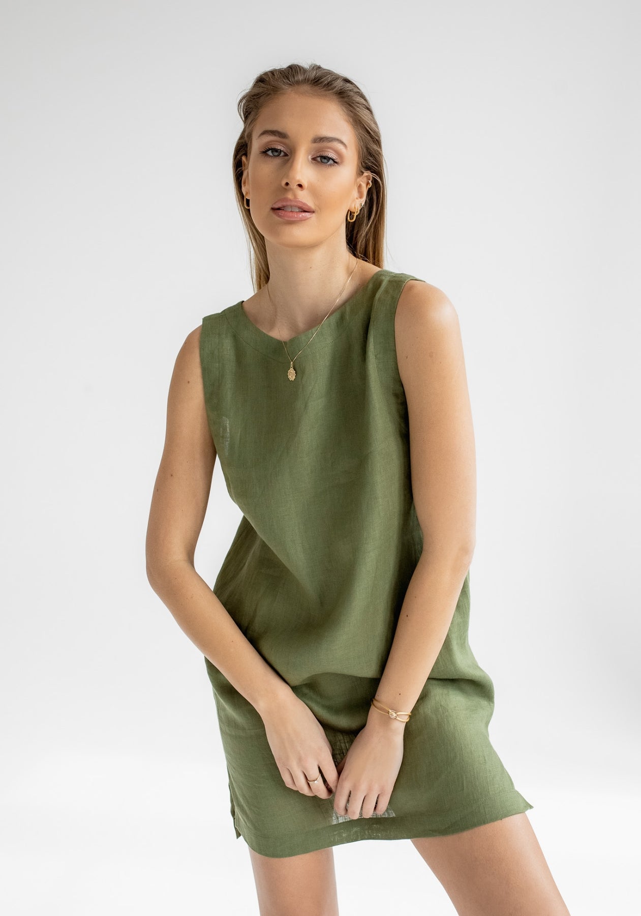 Women linen dress short regular fit Moss green