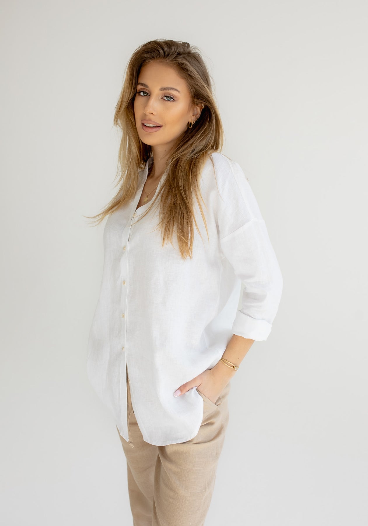 Women linen shirt loose fit White
