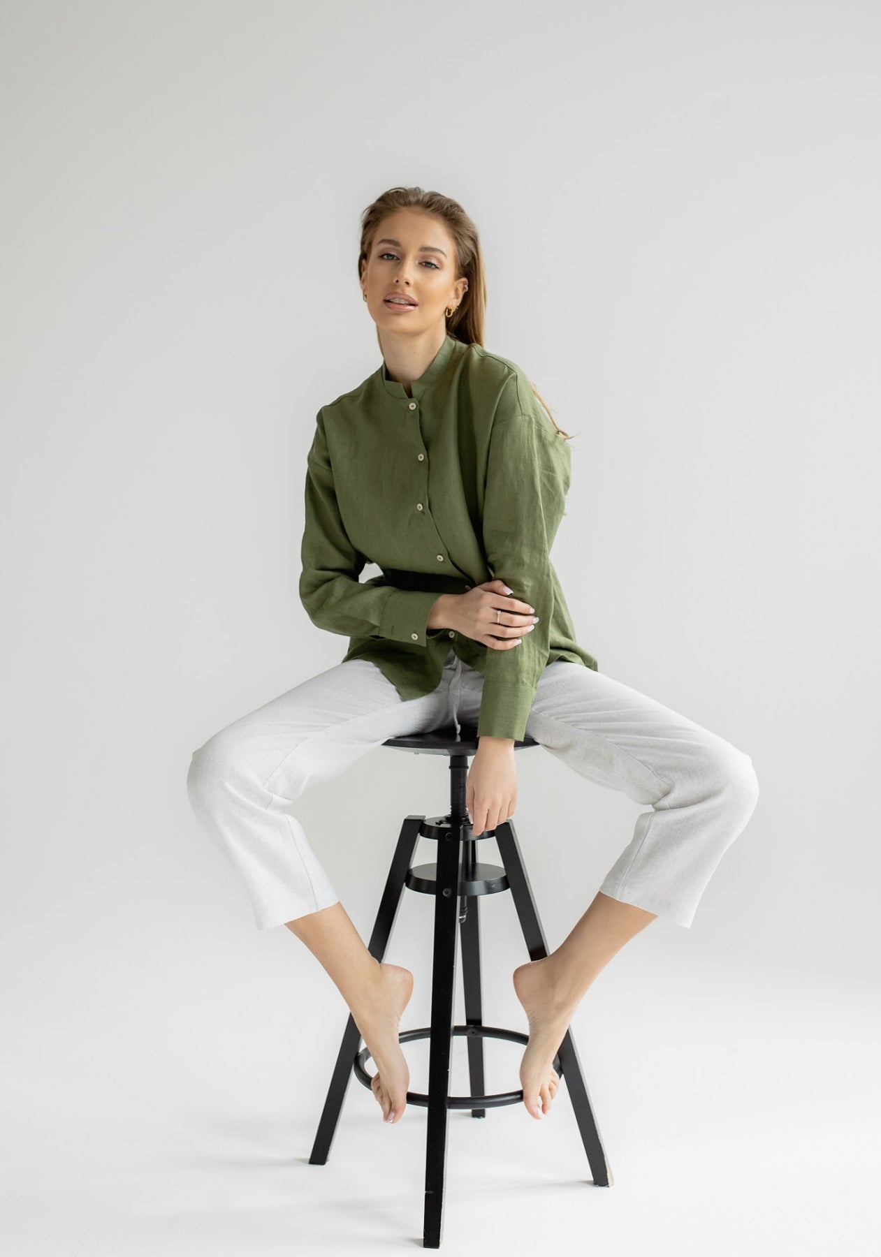 Women linen shirt regular fit Moss green