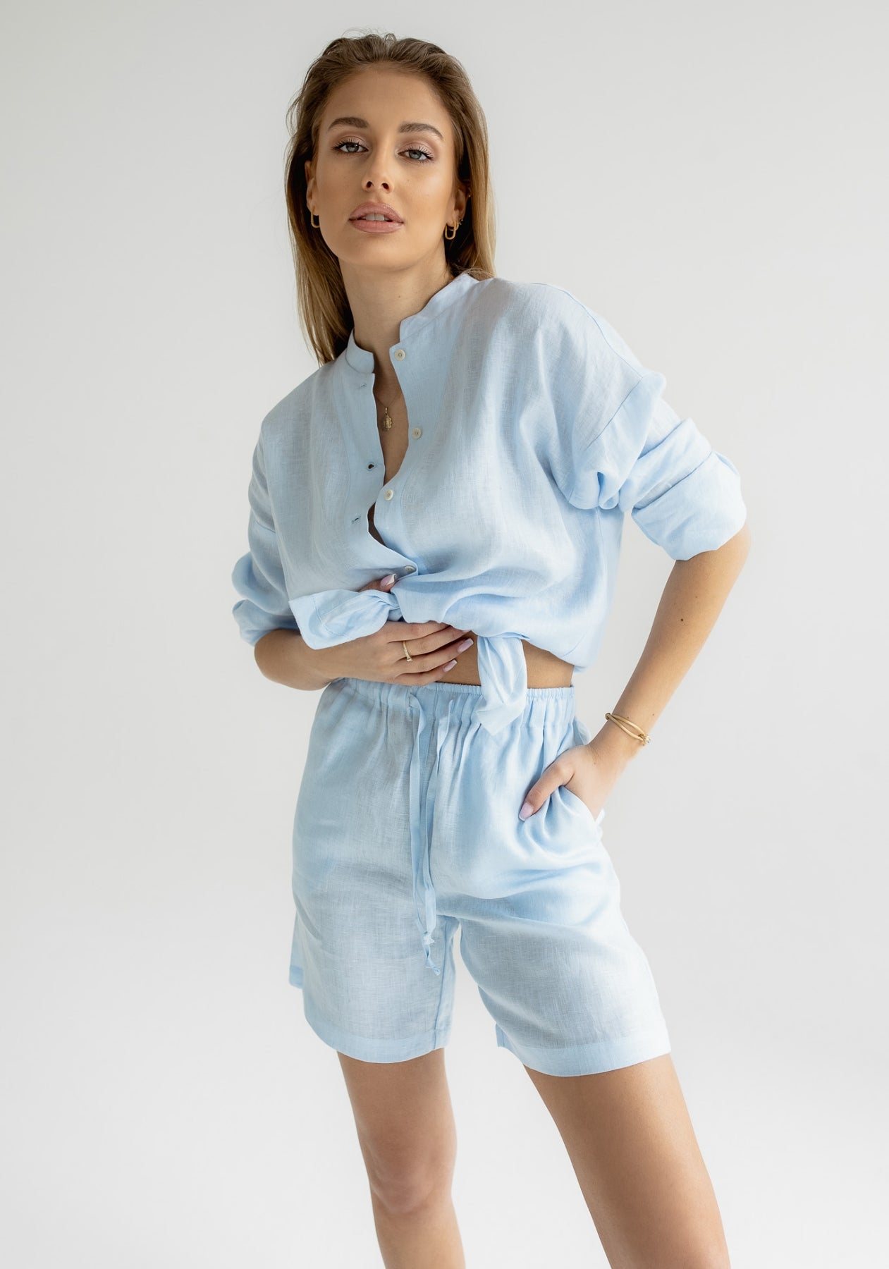 Women linen shirt regular fit Light blue