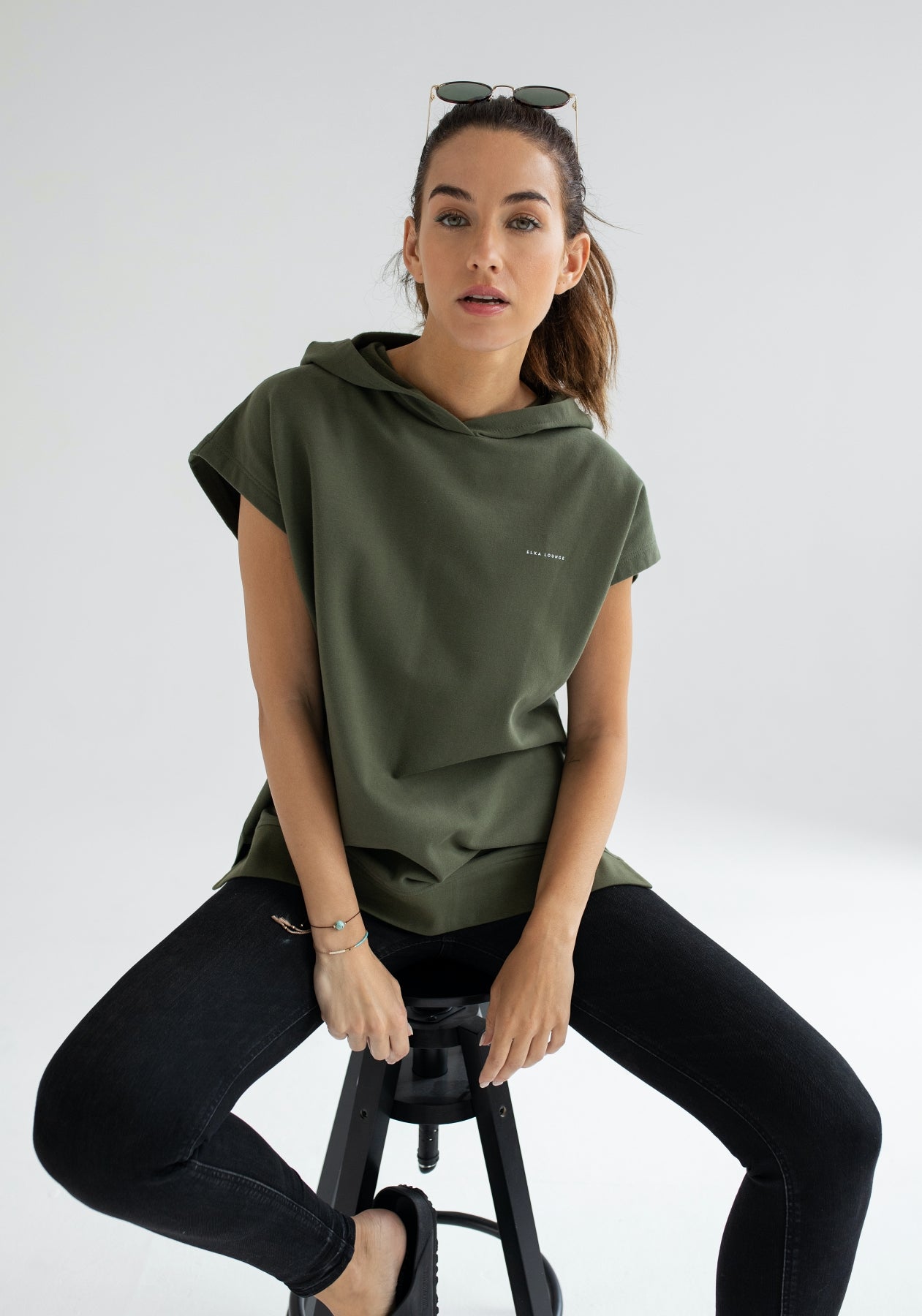 Women Sleeveless sweatshirt / vest organic cotton Moss green - Oversized