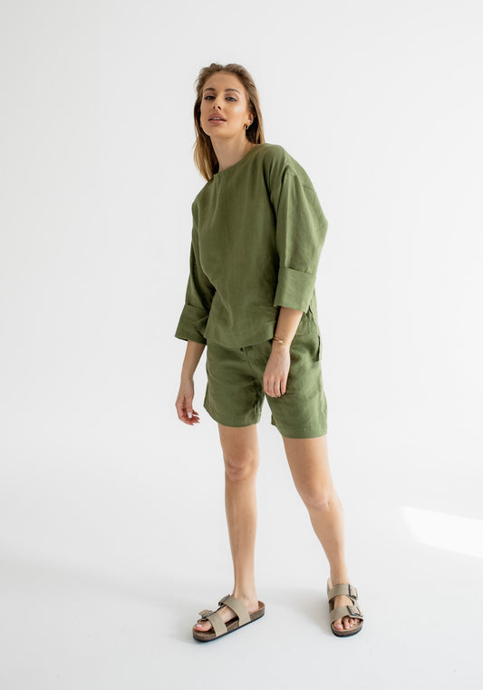 Women's linen top open back Moss green